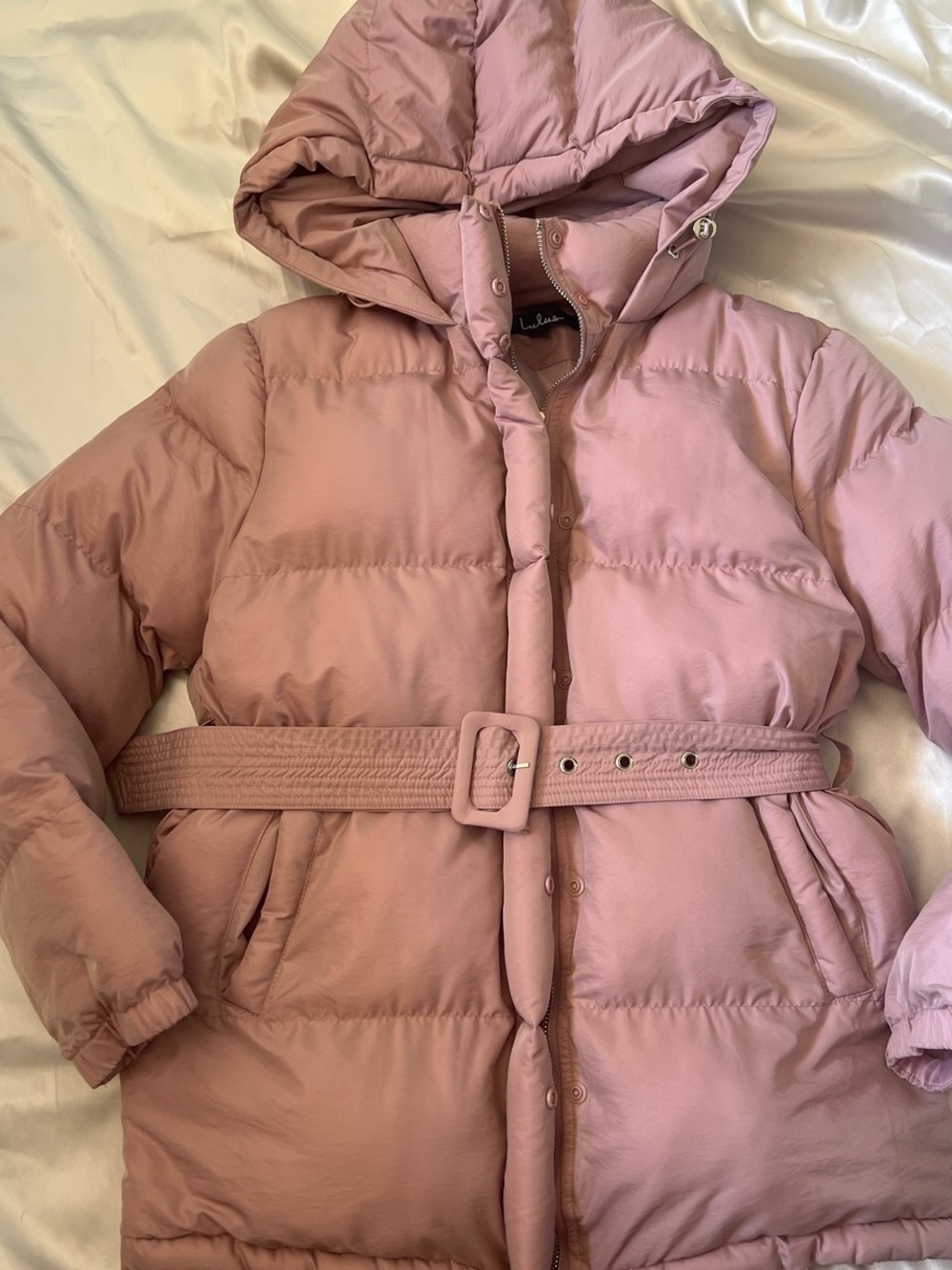 Lulu's Dusty Rose Hooded Belted Puffer Coat